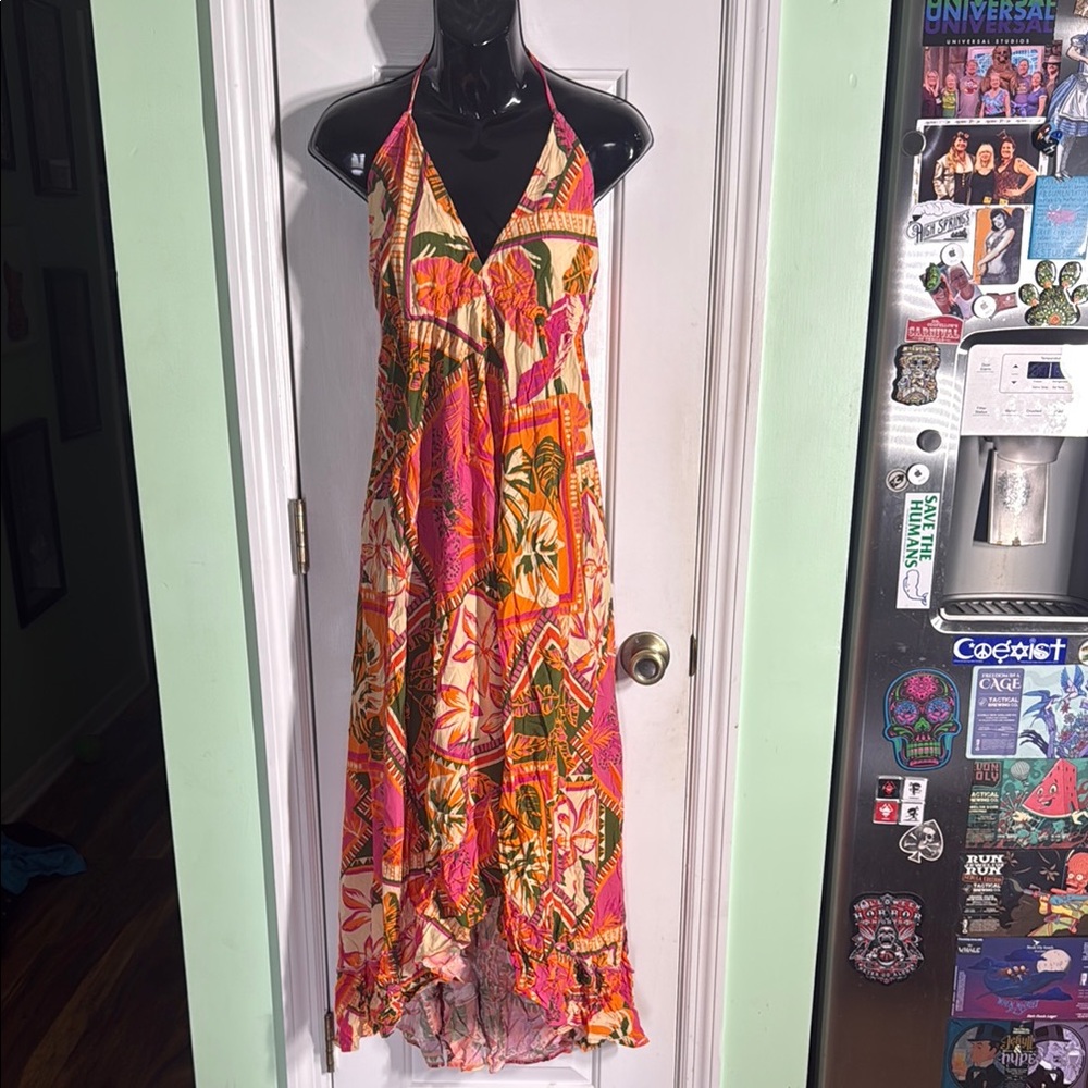 Favela Hype Pink Floral Halter Hi-Lo Dress Brazilian DesignerTropical Size Small